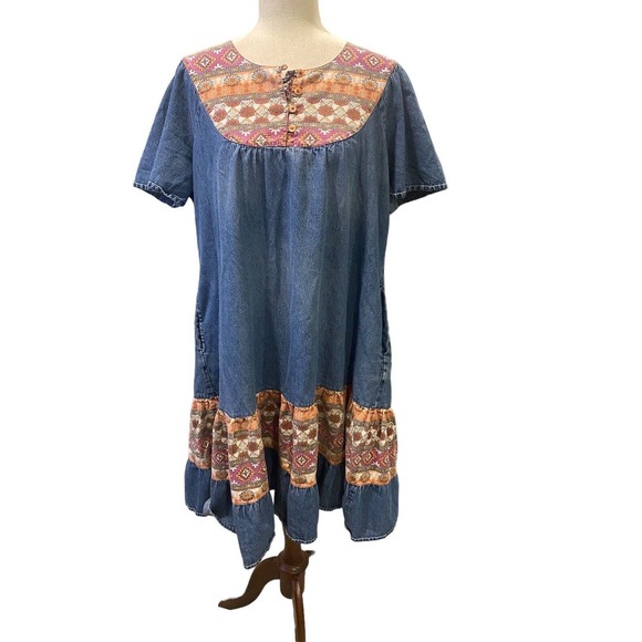 Denim Mumu House‎ Patio Dress Midi Aztec Navajo Vintage 90s Grunge Large Womens - Picture 1 of 6